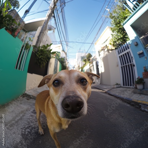 a dog is standing in the middle of a narrow street photo