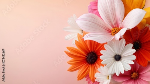 Bouquet of flowers with a pink and orange background. The flowers are of various colors and sizes, and they are arranged in a way that creates a sense of harmony and balance. Scene is one of beauty