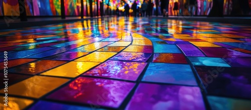 Ceramic road featuring vibrant mosaic mural lively street scene with pedestrians enjoying the artwork