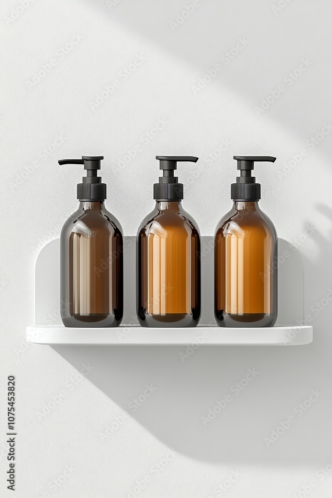 Wallmounted shelf with three pump bottles, sleek bathroom essentials isolated white background Wallmounted shelf with three pump bottles, sleek bathroom essentials isolated white background