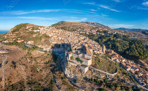 Caccamo, Sicily, Italy. View of popular hilltop medieval town with impressive Norman castle and surrounding countryside.