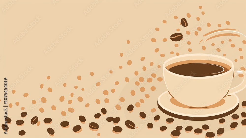 Obraz premium Freshly Brewed Cup of Coffee with Scattered Coffee Beans Background
