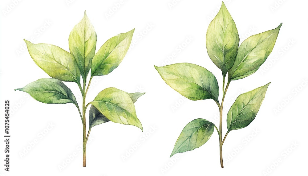 Obraz premium Beautiful watercolor illustration of green leaves, perfect for nature-themed projects and botanical designs.
