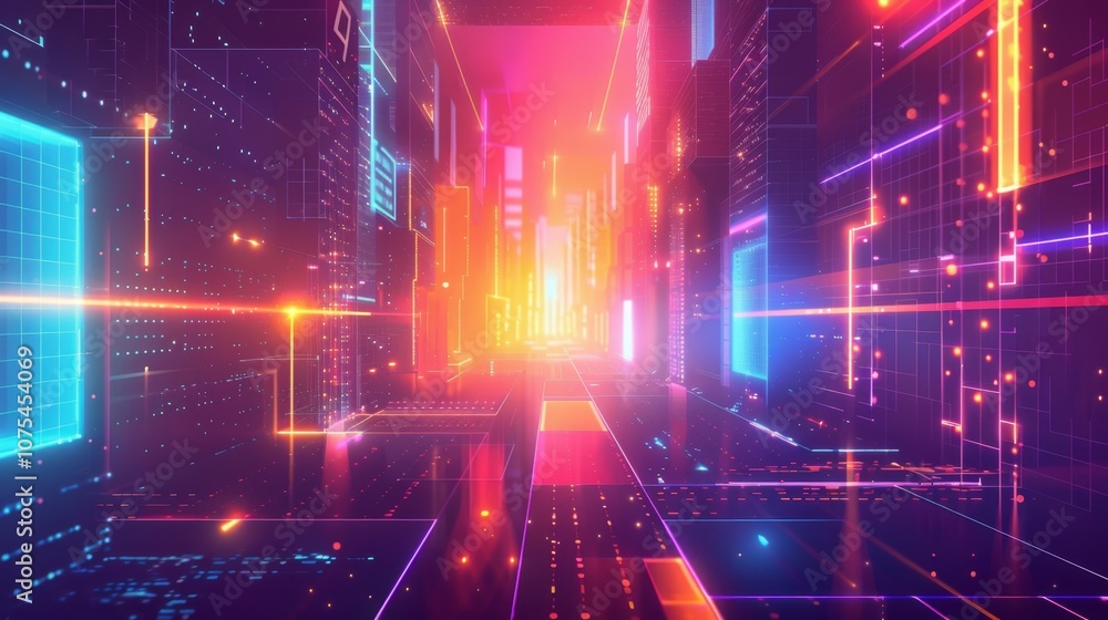 Fototapeta premium Futuristic Digital City with Neon Lights and Data Visualization