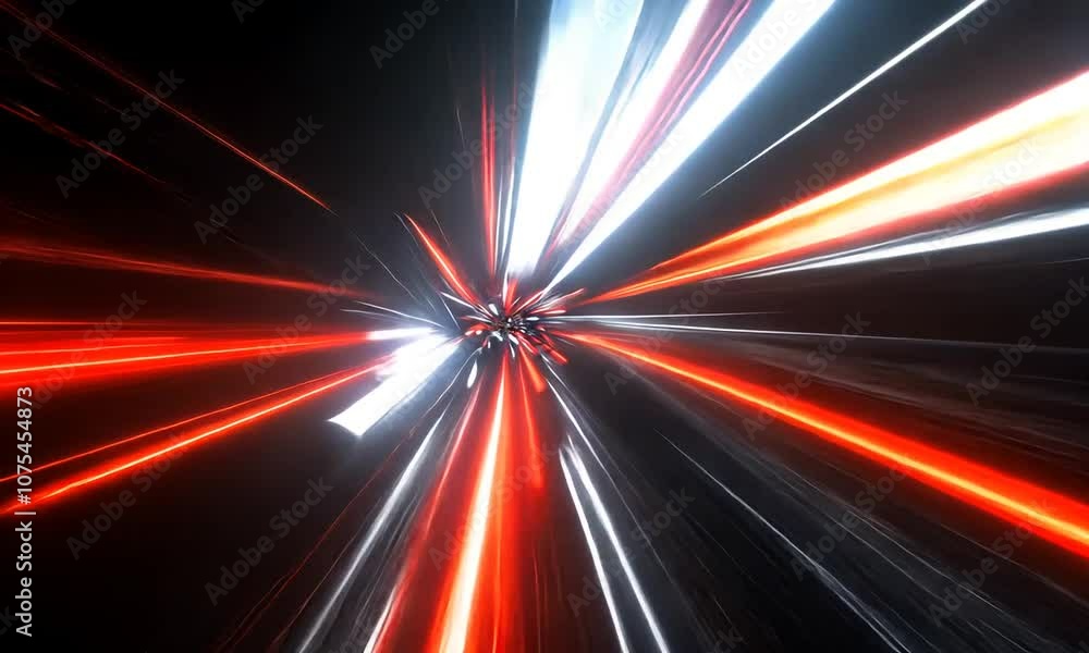 Abstract design featuring intersecting metallic lines in red, silver, and black hues.