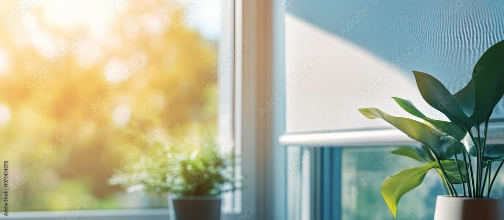 Close up of a window featuring a white roller blind showcasing modern interior design elements Close up of a window featuring a white roller blind showcasing modern interior design elements