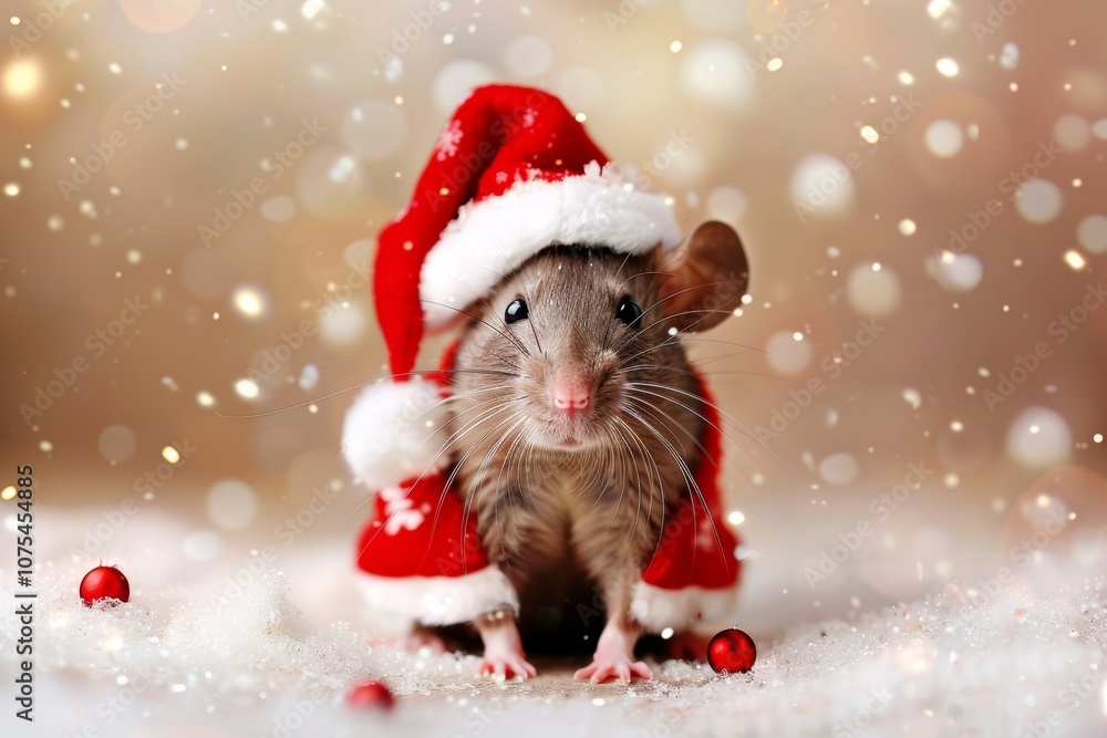 Festive rat in santa hat: charming holiday scene Festive rat in santa hat: charming holiday scene