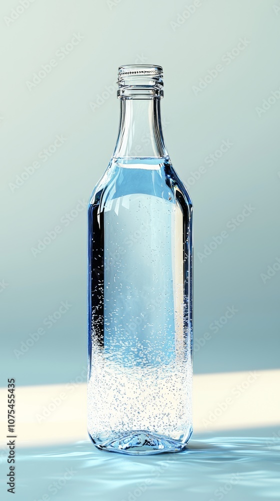 Bottle of water is shown with a blue tint and a clear glass. The bottle is almost empty, with only a small amount of water left inside. Concept of emptiness and the fleeting nature of life Bottle of water is shown with a blue tint and a clear glass. The bottle is almost empty, with only a small amount of water left inside. Concept of emptiness and the fleeting nature of life