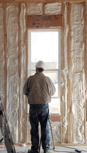 Homeowner Inspecting Rigid Foam Insulation Installation for Energy Efficiency in Home Construction