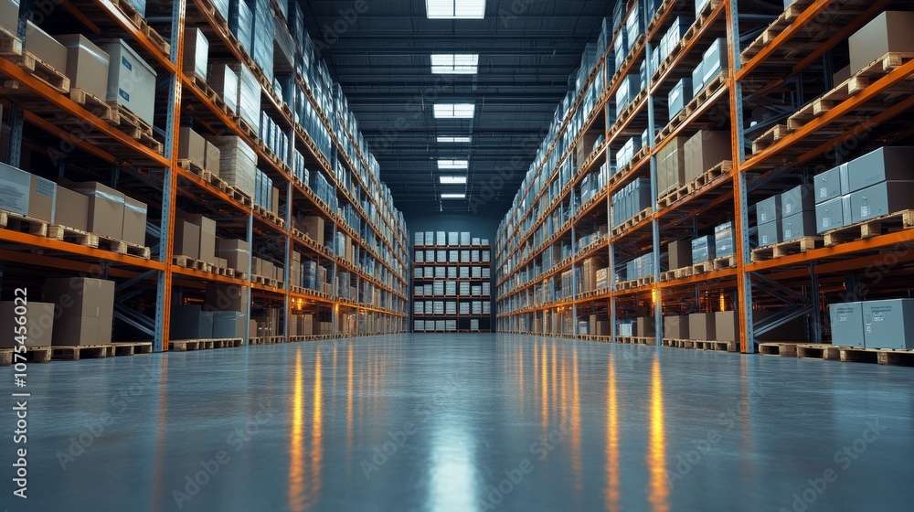 Rows of Packed Boxes on Shelving in a Warehouse Rows of Packed Boxes on Shelving in a Warehouse