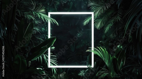 Photo of neon blue light frame with green tropical leaves, dark background