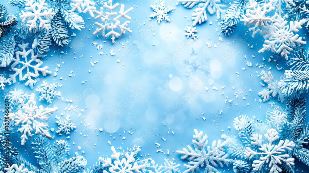 Christmas blue background of ornate frosty frost patterns. Branches of spruce with snowflakes. Happy New Year and Merry Christmas vintage postcard. Copy space. Christmas blue background of ornate frosty frost patterns. Branches of spruce with snowflakes. Happy New Year and Merry Christmas vintage postcard. Copy space.