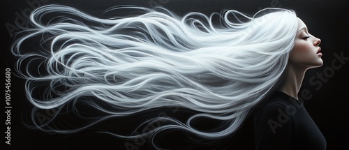A portrait of a serene woman with flowing white hair against a dark background, embodying elegance and tranquility.