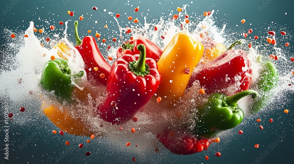 Bunch of peppers are flying through the air, with some of them landing on the ground. The peppers are of different colors, including red, green, and yellow. The scene is dynamic and energetic Bunch of peppers are flying through the air, with some of them landing on the ground. The peppers are of different colors, including red, green, and yellow. The scene is dynamic and energetic