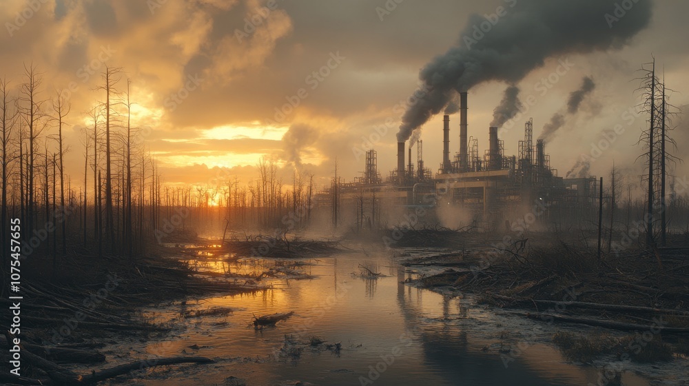 Sunset over a polluted swamp with an industrial complex in the background Sunset over a polluted swamp with an industrial complex in the background