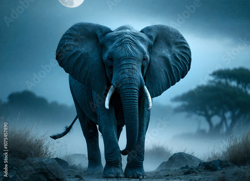 A mesmerizing capture: A gentle elephant under silvery moonlight in a desolate wasteland, showcasing medium format elegance and hyperrealistic details