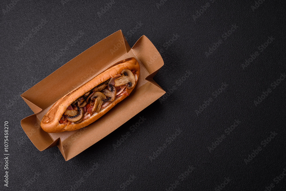 Hotdog with grilled sausage with bacon and mushrooms