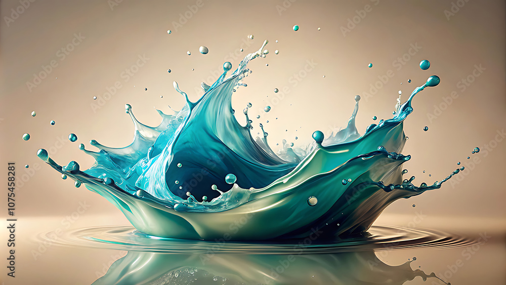 Fototapeta premium Watercolor Painting of a Teal Liquid Splash Elegantly Spreading Across the Page – Light Beige Wash Background Enhances Fluid Motion with Blue, Green, and White Transitions for a Dreamy Effect