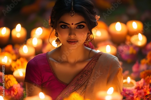 Indian Woman in Golden Saree with Candlelight Glow and Traditional Jewelry