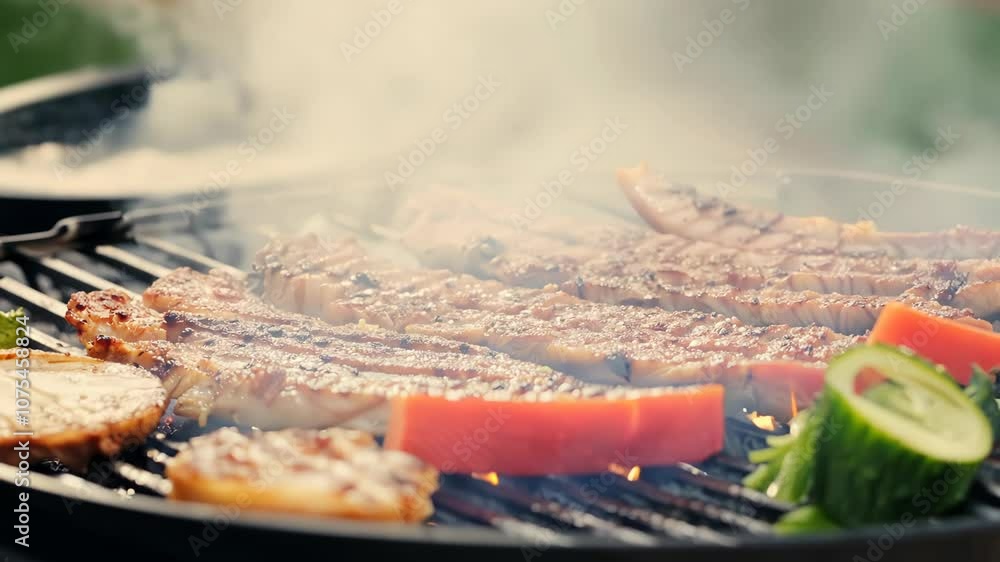 Fresh barbecue on the grill. Steam comes from juicy meat and vegetables Fresh barbecue on the grill. Steam comes from juicy meat and vegetables