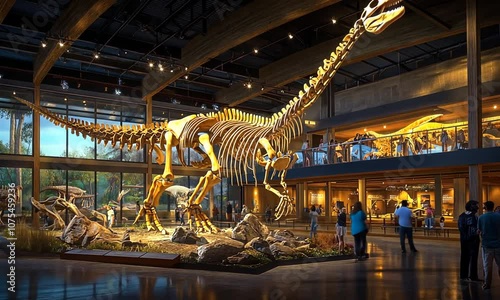 A dinosaur skeleton exhibit in a museum, showcasing paleontological discoveries.