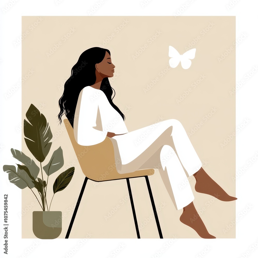 a woman sitting on a chair with a butterfly flying above her a woman sitting on a chair with a butterfly flying above her