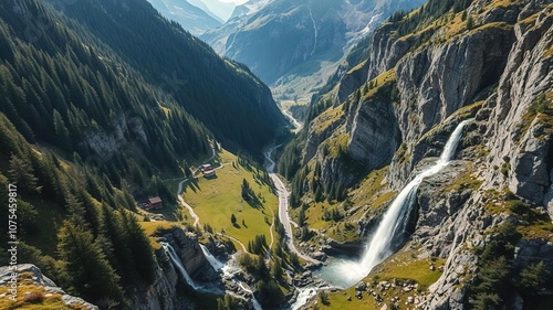 waterfall in the Bavona Swiss Alpine valley from above, rugged terrain, peaceful haven photo