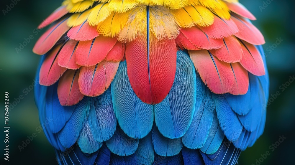 Fototapeta premium Vivid feathers of a colorful macaw displayed in bright tropical foliage