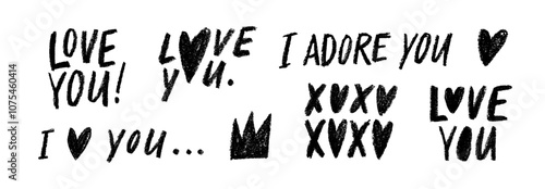 Set of love calligraphy phrases drawn with a crayon. Vector modern romantic lettering. Childish hand drawn pencil calligraphy. Valentines day typography with hearts and crown.