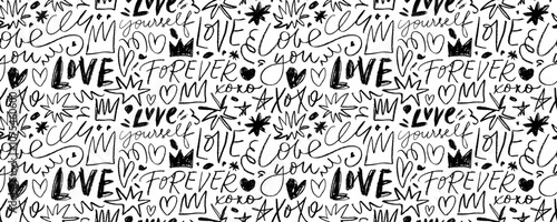 Seamless banner design with doodle love drawings. Handwritten love words, crowns, stars and squiggles.