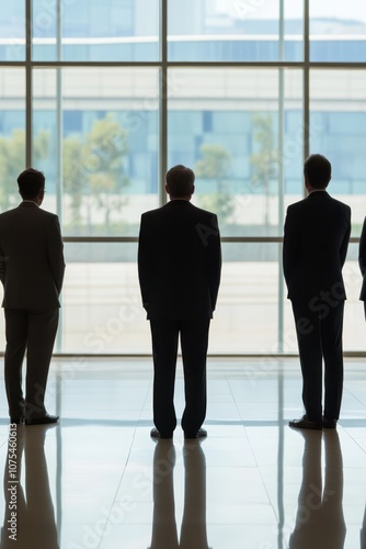 business people standing in front of large windows