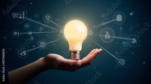 Innovation and Creativity: A Hand Holding a Glowing Lightbulb Surrounded by Digital Icons