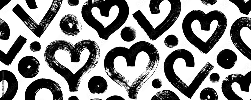 Fototapeta premium Modern abstract romantic background with bold brush drawn hearts and dots. Seamless pattern for Valentine's day with thick grunge hearts and simple dots. Geometric love background.