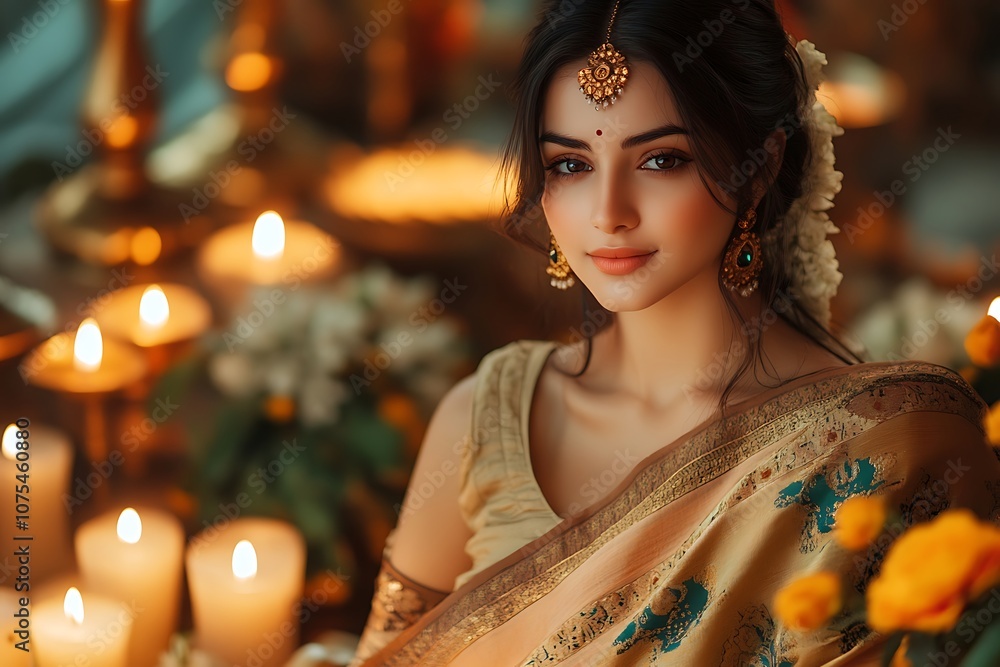Indian Woman in Golden Sari with Candlelight and Flowers3 Indian Woman in Golden Sari with Candlelight and Flowers3