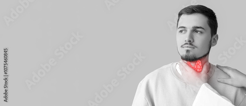 Εκτύπωση καμβά Endocrinologist examining thyroid gland of young man on grey background