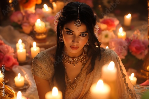 Indian Woman in Golden Sari with Candlelight and Flowers6 photo