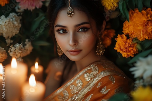 Indian Woman in Golden Sari with Candlelight and Flowers5 photo