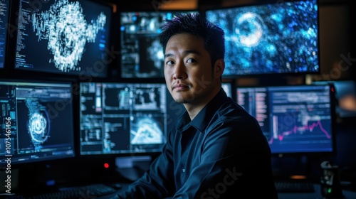 Asian cybersecurity expert focused on multiple screens, analyzing data and protecting systems, showcasing technology and dedication in a professional environment.