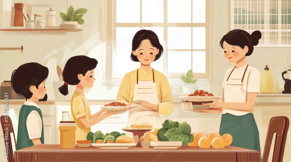 A Warm Family Bond: Grandmother Shares Delicious Recipes and Kitchen Traditions with Her Loving Children in a Bright and Cheerful Kitchen Space A Warm Family Bond: Grandmother Shares Delicious Recipes and Kitchen Traditions with Her Loving Children in a Bright and Cheerful Kitchen Space