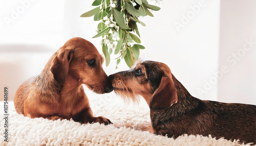Photography Two cute miniature Dachshund sausage dogs under the mistletoe kissing on the nos
