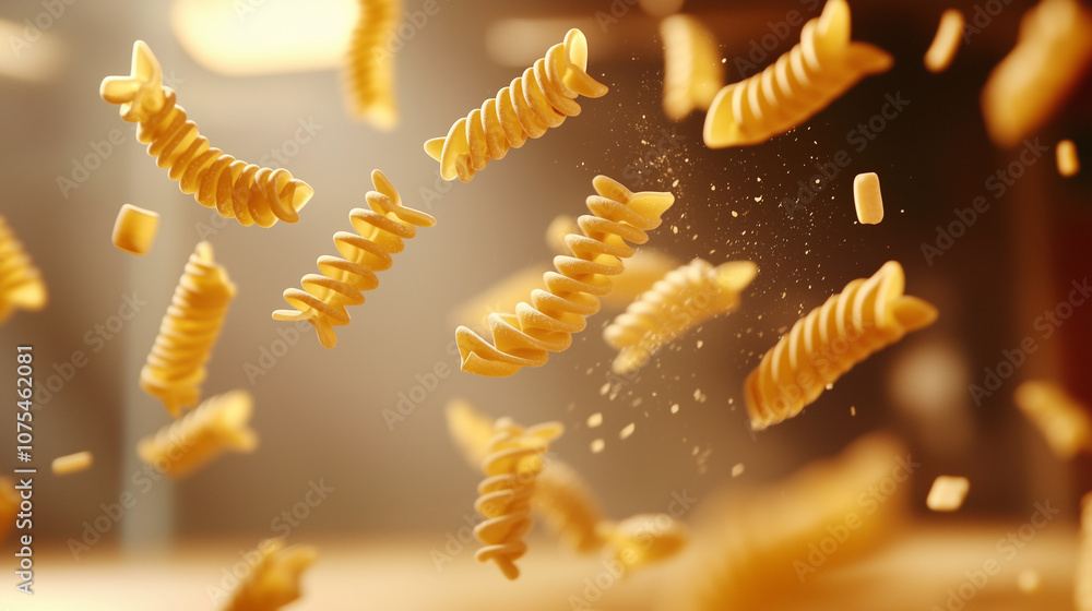 Close-up of flying fusilli pasta, each piece in sharp focus as they spiral and twist through the air, with soft, warm lighting giving a rustic, artisanal feel Close-up of flying fusilli pasta, each piece in sharp focus as they spiral and twist through the air, with soft, warm lighting giving a rustic, artisanal feel