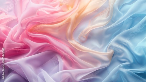 Pastel Dream: Soft, flowing fabric in a gradient of pastel pink, orange, yellow, and blue. A dreamy, ethereal texture perfect for backgrounds or design inspiration. 