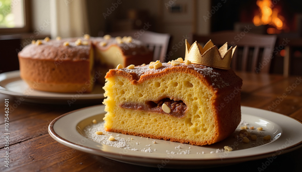 Sliced cake with filling and crown, cozy setting, warm ambiance with fireplace Sliced cake with filling and crown, cozy setting, warm ambiance with fireplace
