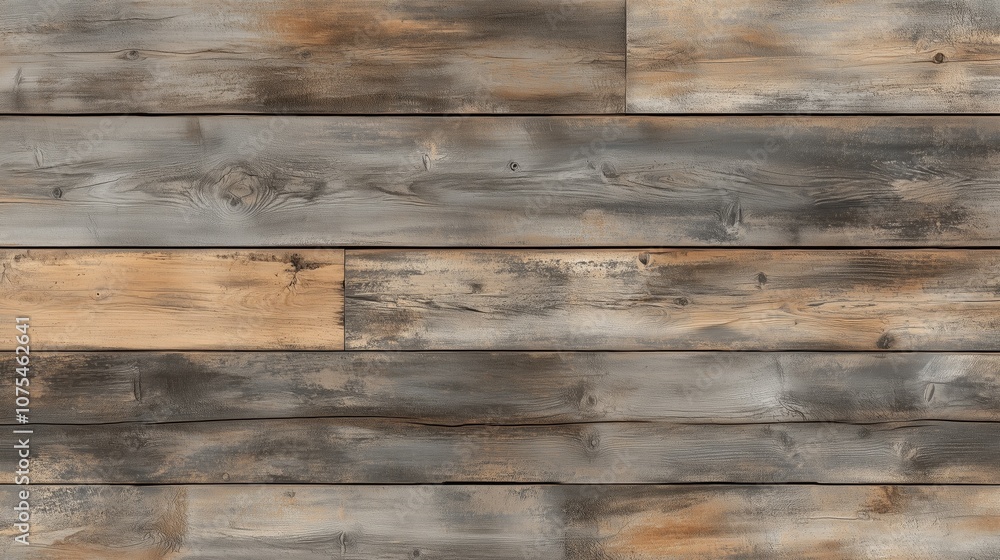 Naklejka premium A wooden floor with a lot of cracks and splinters. The wood is old and worn, giving the impression of a rustic, natural setting.