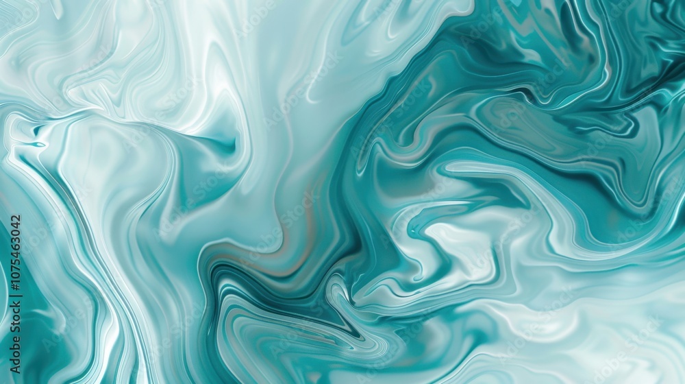 Obraz premium Teal and White Abstract Swirl: Fluid art painting in calming shades of teal and white, creating a mesmerizing marble effect. Perfect for backgrounds, design projects, and more. 