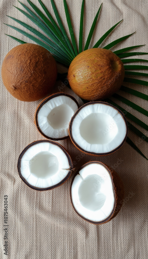 Tropical composition, flatlay: six coconut halves on burlap with a background of lush palm leaves Tropical composition, flatlay: six coconut halves on burlap with a background of lush palm leaves