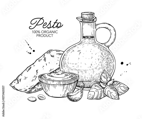 Pesto sauce ingredients vector drawing. Traditional italian pasta and salad dressing. Food sketch hand drawn sketch