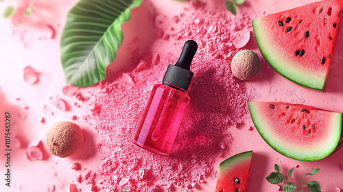 A cosmetic serum bottle surrounded by watermelon and pink powder, highlighting skincare ingredients