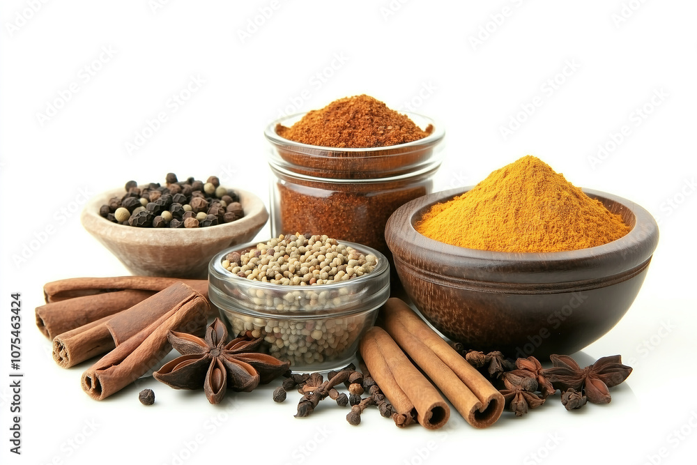 A vibrant display of assorted spices in bowls with cinnamon sticks arranged artistically for culinary inspiration. Generative AI A vibrant display of assorted spices in bowls with cinnamon sticks arranged artistically for culinary inspiration. Generative AI