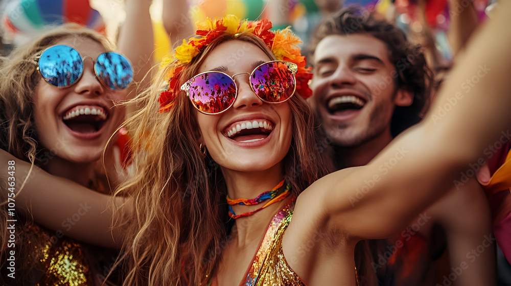 Obraz premium A joyful group of friends celebrating at a vibrant festival with colorful decorations